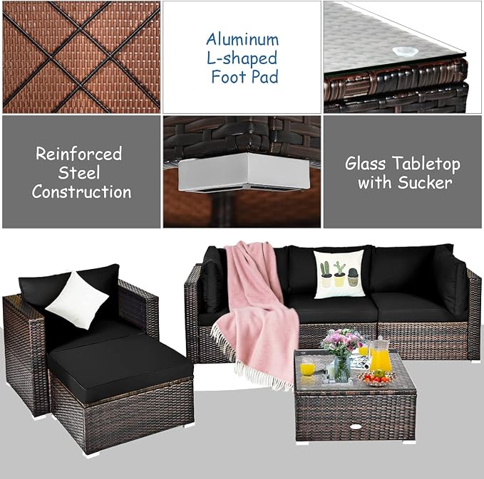 Tangkula 6 Pieces Wicker Patio Furniture Set, PE Rattan Outdoor Sectional Conversation Set with Glass Coffee Table & Ottoman, Wicker Sofa Set with Cushions for Yard Garden, Deck, Porch (Black)