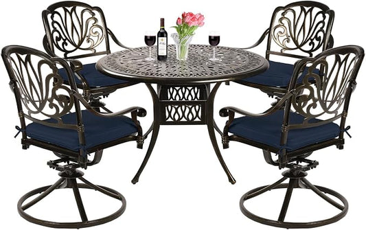 VIVIJASON 5-Piece Outdoor Patio Dining Set, All-Weather Cast Aluminum Conversation Set, Patio Furniture Set, Include 4 Swivel Dining Chairs, a 35.4" Round Table w/Umbrella Hole, Navy Blue Cushion