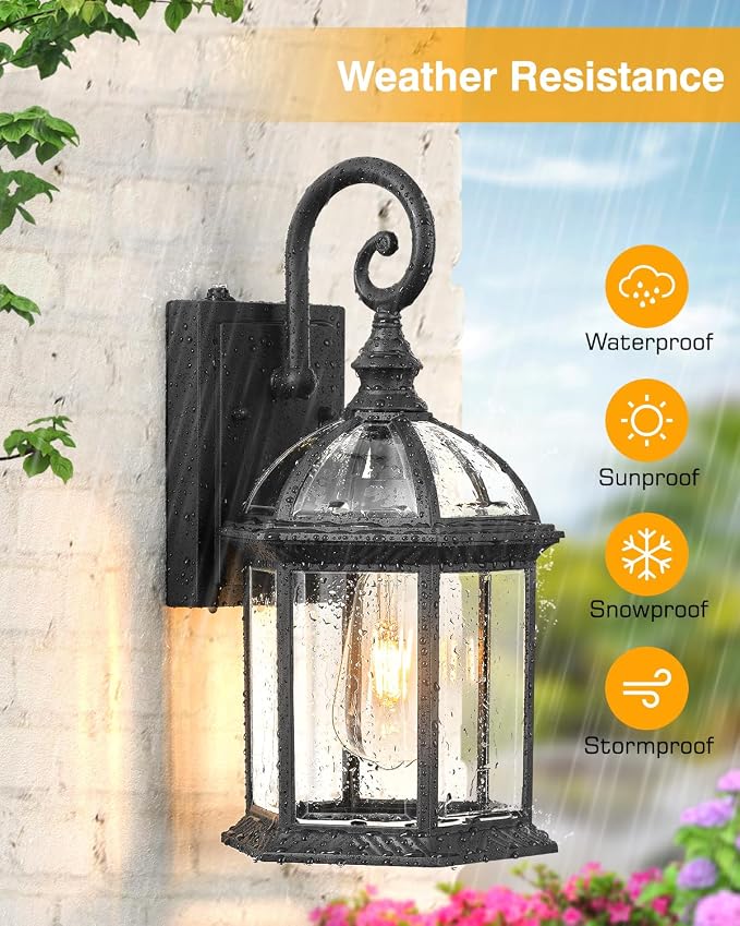 VIANIS 15.7" Large Outdoor Wall Lights, Black Exterior Lighting Fixtures with Tempered Beveled Glass, Anti-Rust Dusk to Dawn Outdoor Lighting for House, Waterproof Outdoor Sconce Lights for Porch
