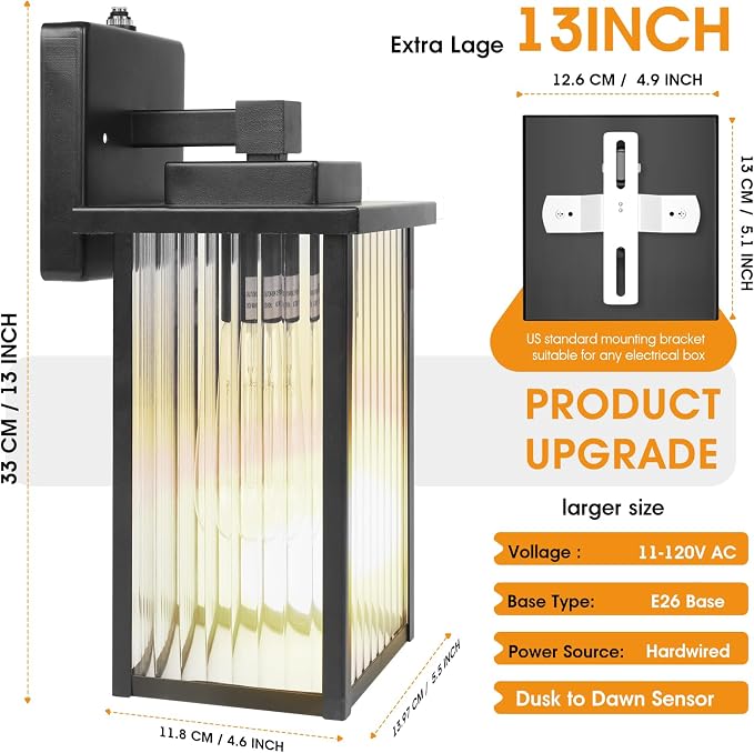 13" Matte Black Dusk to Dawn Outdoor Light, Exterior Light Fixture | Auto On and Off, Anti-Rust Metal Frame, Tempered Glass, E26 Socket, Easy DIY Install on Porch, Garage