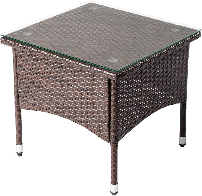 Outdoor Wicker Side Table with Tempered Glass Tabletop, All-Weather Rattan Patio Table, for Outside Patio, Porch, Garden, Brown