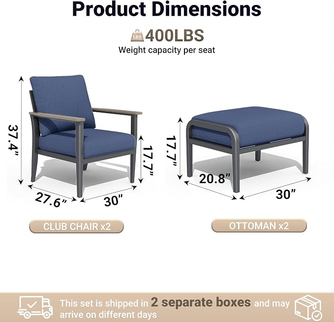 Aluminum Patio Chairs with Ottomans, 4-Piece Outdoor Patio Furniture Set, Modern Lounge Armchairs with Footrests, Wood-Like Armrests & 5.1" Thick Cushions for Porch, Poolside, Navy Blue