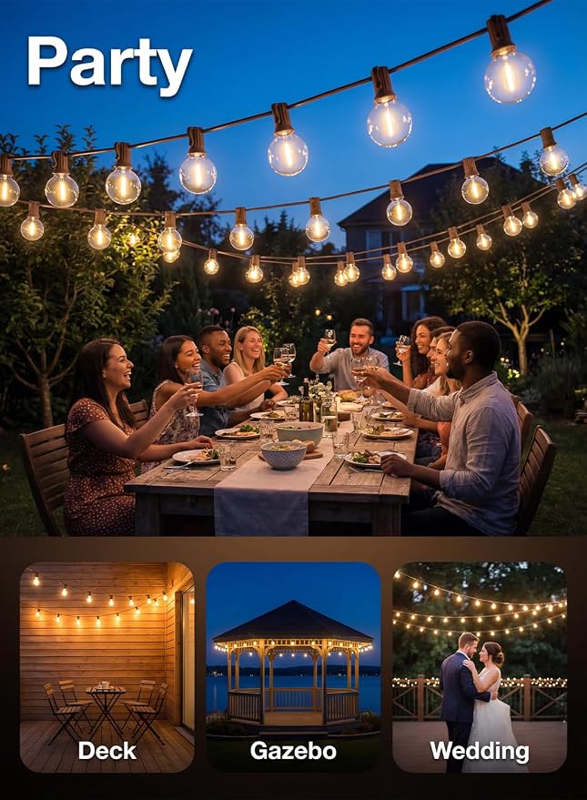 25FT G40 LED Brown Outdoor String Lights with 25 Plastic Shatterproof Bulbs | 2700K Warm White, IP65 Waterproof Hanging Connectable Globe Lights for Patio Garden Porch Pergola Bistro Decor, Brown Wire