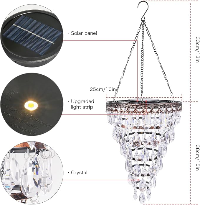 Solar Hanging Crystal Chandelier Outdoor Waterproof Garden Light | Acrylic Beads Bright Warm LED Tree Hanging Lantern for Mom's Gifts Garden Gazebo, Party, Wedding Garden Decor