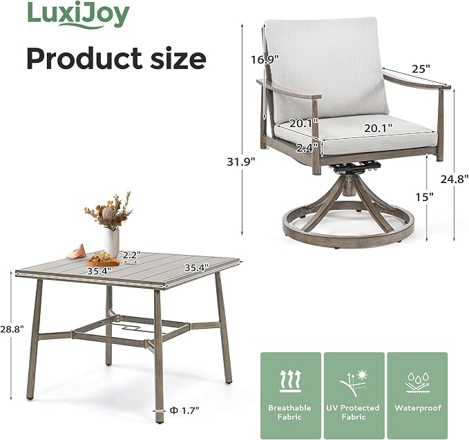 5-Piece Outdoor Dining Set - Aluminum Patio Dining Set with Removable Cushions,4 Swivel Chairs with Rope Backrest, Square Table with Umbrella Hole,Rustproof for Lawn Porch Yard,Grey