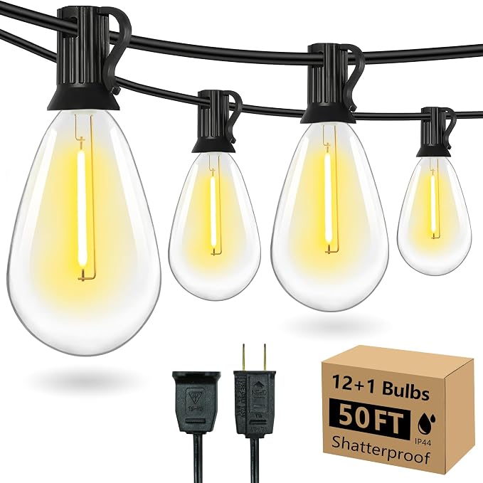 50FT S14 E12 Outdoor String Lights Waterproof Patio 12+1 (1 Spare) bulbs | Outside Hanging Shatterproof S14 E12 LED Light Bulb for Parties Porch Garden Fences Backyard Outdoor Indoor