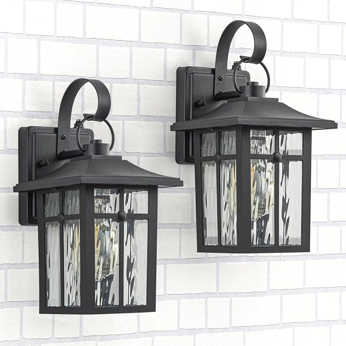 2 Pack Dusk to Dawn Outdoor Wall Lights, Black | Aluminum Exterior Light Fixtures Wall Mount, Ripple Glass, Waterproof Porch Lights, For Entryway, Garage, Patio