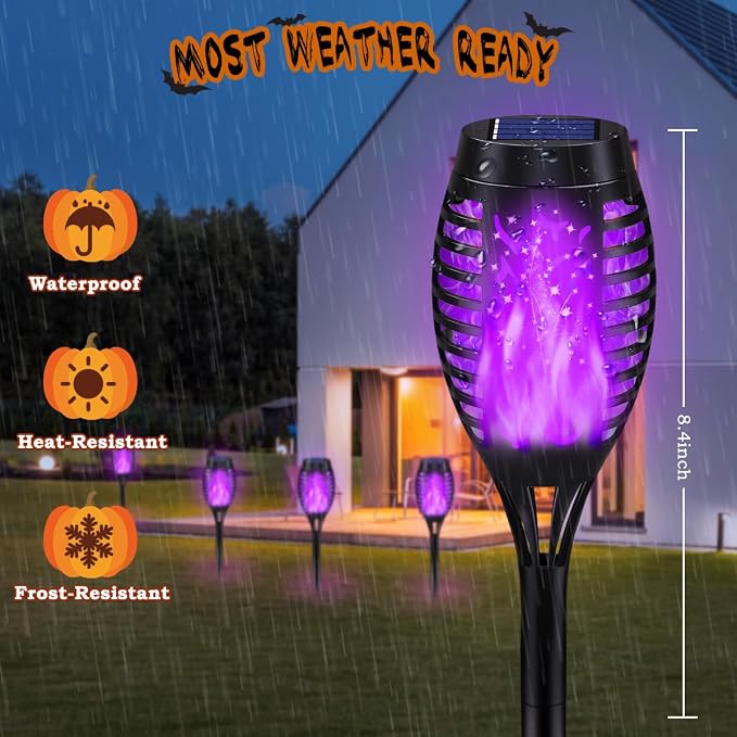 10Pack Purple Halloween Solar Lights for Outdoor Halloween Decorations | Scary Halloween Lights Outdoor with Flickering Flame, Waterproof Solar Halloween Lights, Halloween Outside Decor for Yard