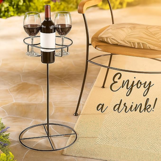 SkyMall Outdoor Beverage Table – Black Metal Drink Holder with 4 Cup Slots – Indoor/Outdoor Drink Stand for Patio, Lawn, Garden, or Picnic – Compact & Portable Beverage Rack – 20.5” High