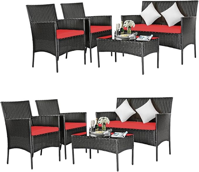 DORTALA Wicker Patio Furniture Set 8 Piece, Rattan Outdoor Table and Chairs Set with Loveseat, Cushions, All Weather Balcony Conversation Sofa Set for Porch, Backyard, Deck, Red