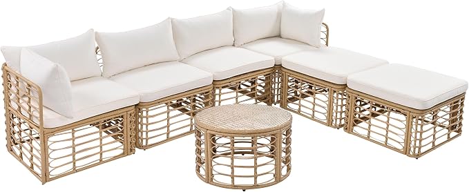 7 Pieces Outdoor Patio Furniture, All-Weather Rattan Sectional Sofa Set with Thick Cushions and Pillows, Freely Combined Conversation Sets for Garden, Backyard, Balcony (Beige#33)