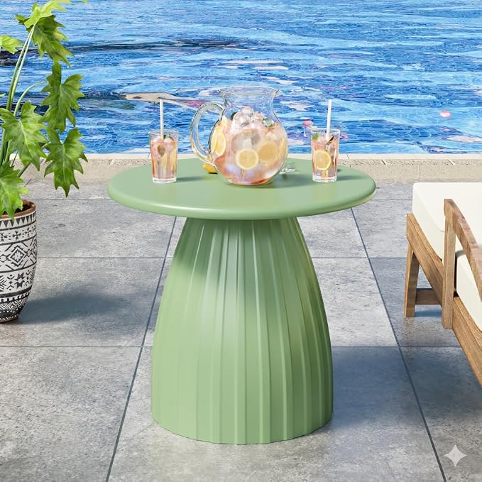 Round Small Patio Side Table Set of 2, Metal Steel Outdoor Side Table, Patio Accent End Table for Garden, Pool, Yard, Balcony, Living Room, Deck, Weather Resistant, No Assembly, Green