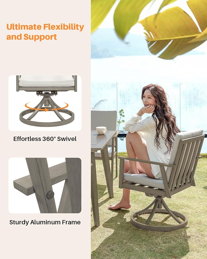 Outdoor Swivel Patio Dining Chairs, 2 Pieces Aluminum Patio Swivel Chairs with Cushions, 360° Rotation, Weather-Resistant Patio Dining Furniture Chairs for Decks, Garden, Poolside, Limed Oak