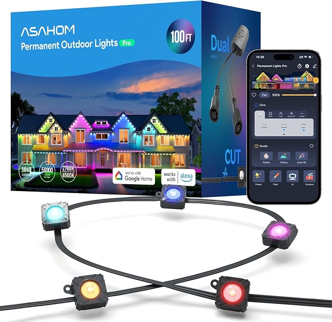 ASAHOM Permanent Outdoor Lights Pro, 72 RGBCW LEDs, WLED Integrated, AI | Up to 70lm, 30,000 Effects, Dual Output, Extend to 800FT, Cuttable, for Outdoor Decor and Daily Lighting, 100FT, Black, S108B