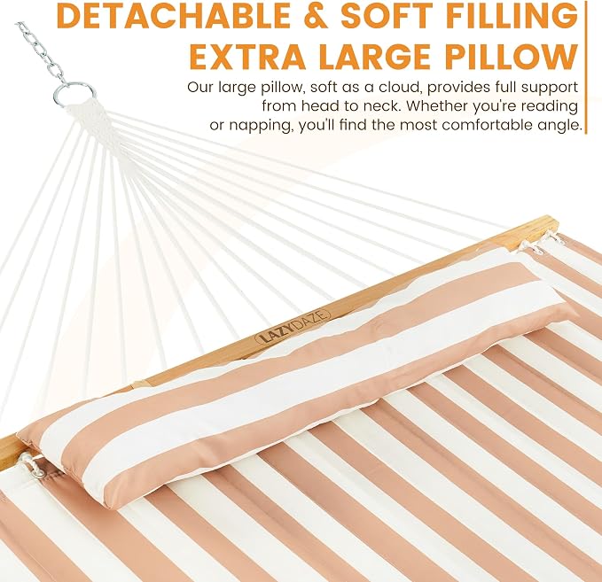 Lazy Daze 12 FT Quilted Double Hammock with Spreader Bar, 2-Person, Outdoor Hammock for Patio, Poolside, Backyard, Beach, 450 lbs Capacity, Beige White