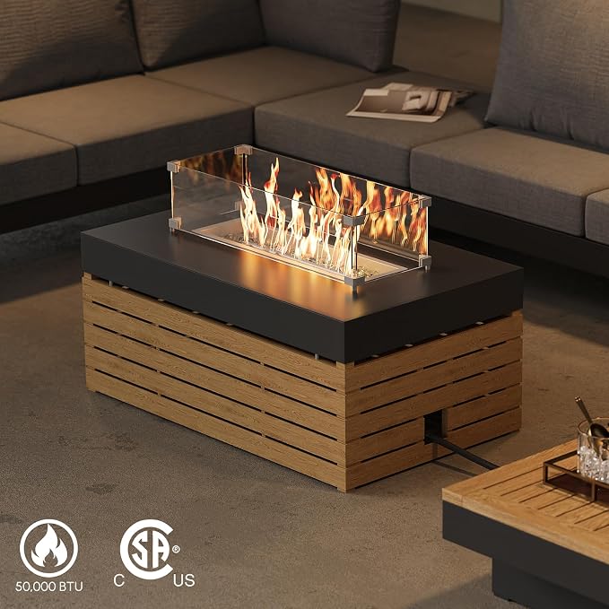 homary Patio Conversation Sets with Fire Pit, Modular Outdoor Sofa Aluminum & Teak Outdoor Sofa Se with Glass Wind Guard Ideal for Patios & Balconies, 6 Pepole