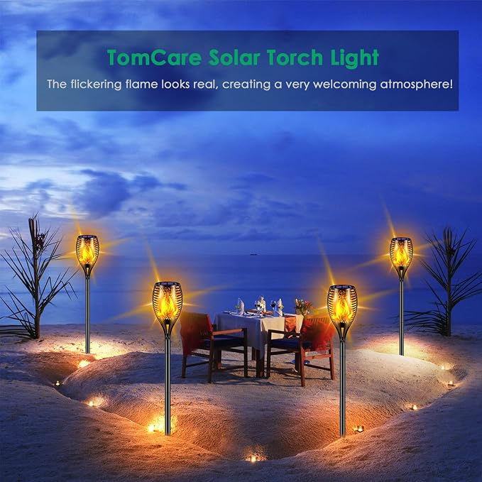TomCare Flickering Flame Solar Torch Lights Outdoor, 43" Tall, 4 Pack | Realistic 99-LED Flame Effect, Charges in 6-8 Hours, 10-12-Hour Runtime, IP65 Waterproof, Auto On/Off for Yard, Patio, Garden
