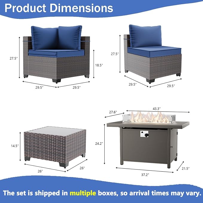 11 Pieces Outdoor Patio Furniture Set,Outdoor Sectional Furniture with 45" 55000 BTU Gas Propane Fire Pit Table,PE Rattan Wicker Patio Conversation Set,Swivel Rocking Chairs Set,Navy Blue