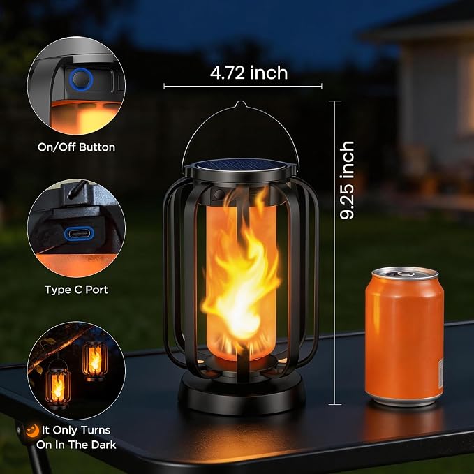 Hompavo Gen2 Solar Lanterns Outdoor Lights with Ultra-Real Flame | USB/Solar Charging & 4-Mode, Waterproof Decorative Hanging/Table Light for Pathway Yard Patio Garden Decor Gifts for Women, 4