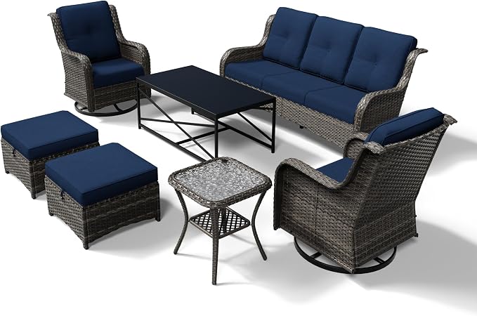 Joyside 7 Piece Wicker Patio Furniture Set, Outdoor Swivel Rocker Patio Chairs with High Back, Deep Seating, Wide Armrest, Thickened Cushions, Outdoor Furniture for Deck, Porch Use