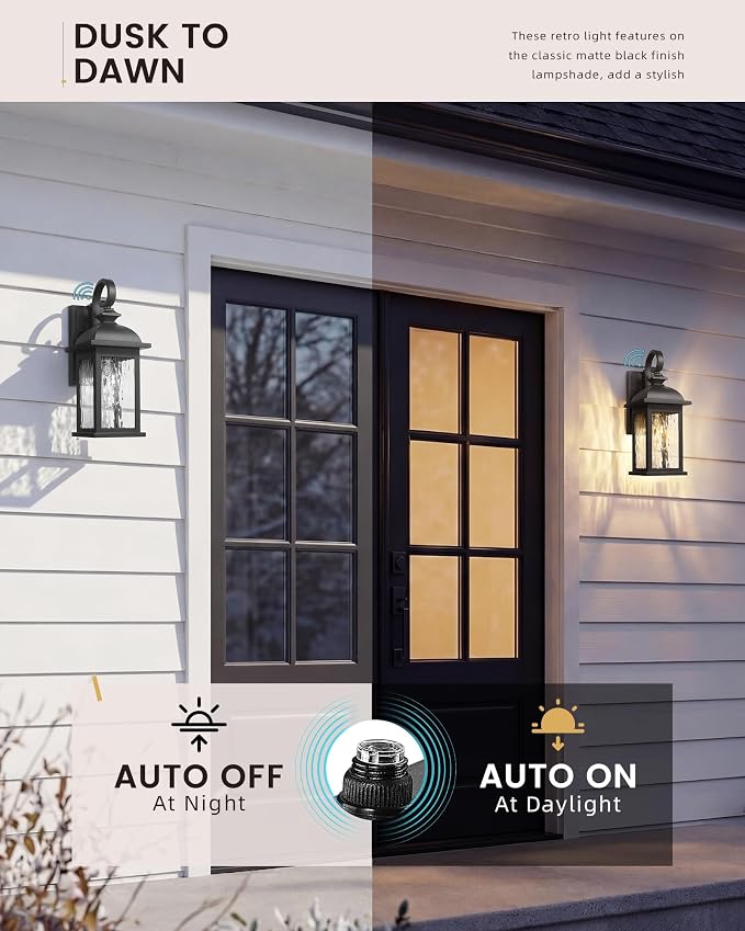 FEMILA Dusk to Dawn Exterior Wall Sconce, 15" Front Porch Light Fixtures Wall Mount for Patio, Garage, Garden, UL Listed, Matte Black Water Ripple Glass, 4FD54B-PC BK-WP