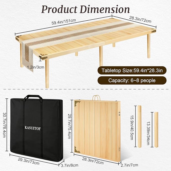 Boho Folding Picnic Table with Table Runner, 59.4" x 28.3" Wooden Low Portable Table with Carrying Handle, 2 Height Settings 14.6/17 Inches for Beach Camping BBQs