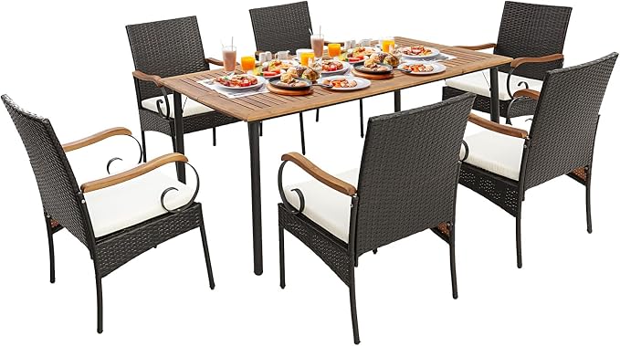 Tangkula 7-Piece Outdoor Dining Set with Acacia Wood Table & 6 Wicker Rattan Armrest Chairs, Detachable Cushions, Umbrella Hole, All-Weather Patio Conversation Furniture Set for Garden Deck Poolside