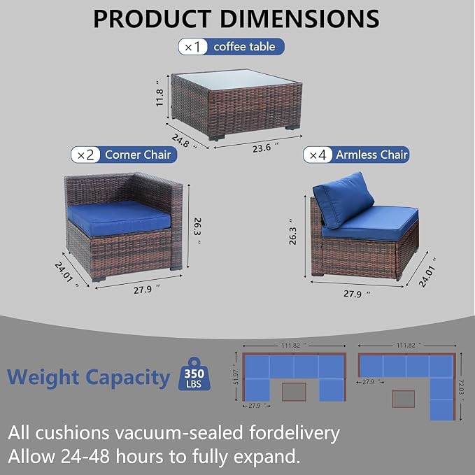 LAUSAINT HOME 7 Pieces Outdoor Patio Furniture, Outdoor Sectional Sofa Patio Furniture Sets Wicker Rattan Patio Conversation Sets with Cushion and Glass Table (Dark Blue)