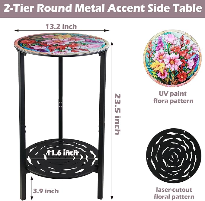 2-Tier Metal Round Side Table Accent Coffee Tables Small Space Corner Plant Stand Shelf for Indoor Outdoor Use Patio Balcony End Table Colorful Floral Print Weather-Resistant