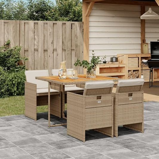 5 Piece Patio Dining Set with Cushions Beige Poly Rattan Outdoor Space Saving Table and Chairs for Backyard Garden Deck Seating