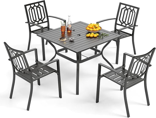 PHI VILLA Patio Dining Set, 4 Stackable Chairs w/Square Metal Table | 37" square metal table w/ 1.57" umbrella hole. Rust-resistant e-coated frame.. Easy assembly. Perfect for patio,deck