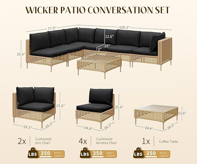 8-Piece Outdoor Wicker Patio Furniture Set with Sectional Rattan Sofa and Coffee Table Thick Cushions for Backyard Lounge(White)