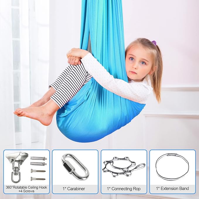 Therapy Swing Hammock Kids Cuddle Sensory Swing Indoor Therapeutic Hammock 360° Rotating Double Layer Elastic Rocking Cloth Swing Gifts for Children with ADHD SPD Asperger Autism (Sky Blue+Grey)