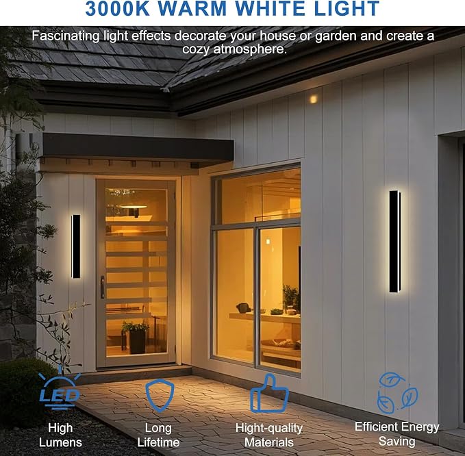 Modern Outdoor Wall Lights, 2 Pack 24 Inch Long Outdoor Wall Sconce | LED 3000K Exterior Sconce Black Outdoor Patio Light with Junction Box Cover, IP65 Waterproof Outside Wall Lights for House