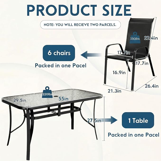 Arlopu 7-Piece Outdoor Table and Chairs for 6, Outdoor Dining Set W/Rectangle Glass Table and 6 Patio Textilene Stackable Chairs, Patio Furniture Set W/Umbrella Hole (Black Table & Black Chair)