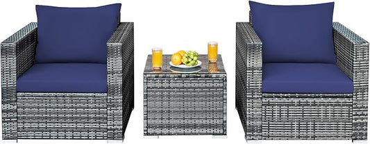HAPPYGRILL 3 Pieces Patio Conversation Set Outdoor Rattan Wicker Sofa Set with Coffee Table Patio Furniture Set with Soft Cushions for Balcony Porch Backyard Garden