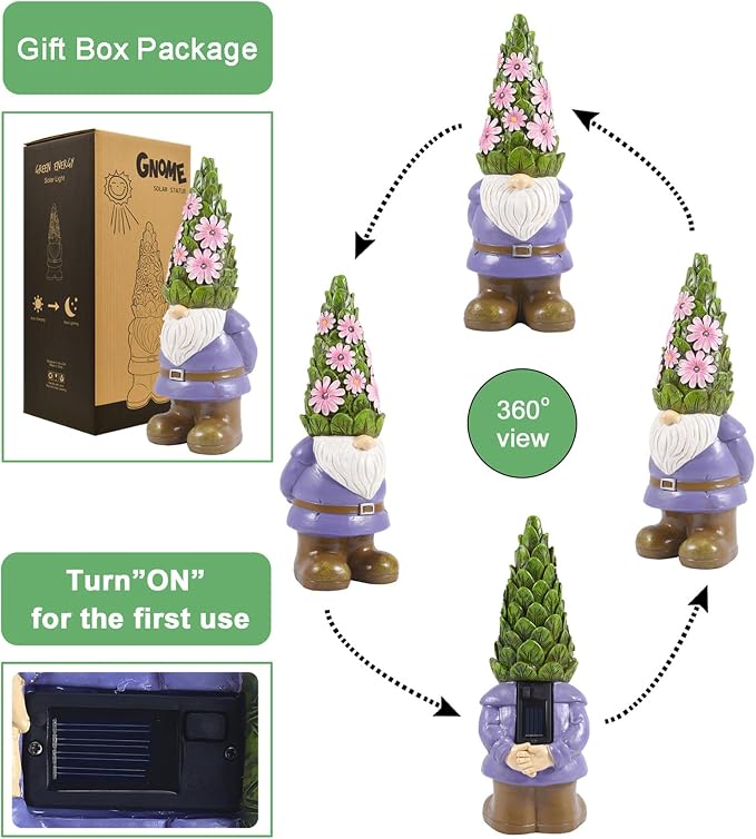 Nacome Solar Garden Outdoor Statues Gnome with Succulent | 7 LED Lights, Lawn Decor Statue for Patio, Balcony, Yard Ornament, Gifts for Mom Grandma Women
