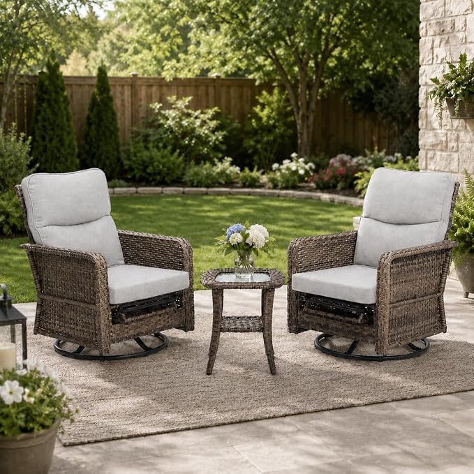 Yechen 3 Piece Outdoor Patio Wicker Chairs with Footrest and Adjustable Backrest, Furniture Set with 2 Swivel Chairs and Side Table, Thickened Seat Cushions for Porch Deck Backyard, Cool Greige