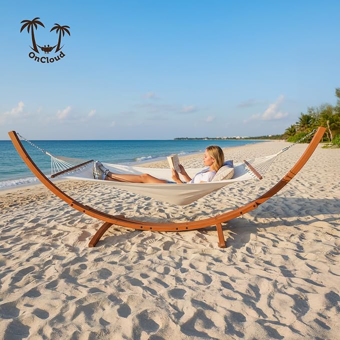 OnCloud Double Hammock Wood Arc Stand, Wooden Hammock W/Stand, Classic Natural Hammock Set for Yard, Garden (14 ft Set)