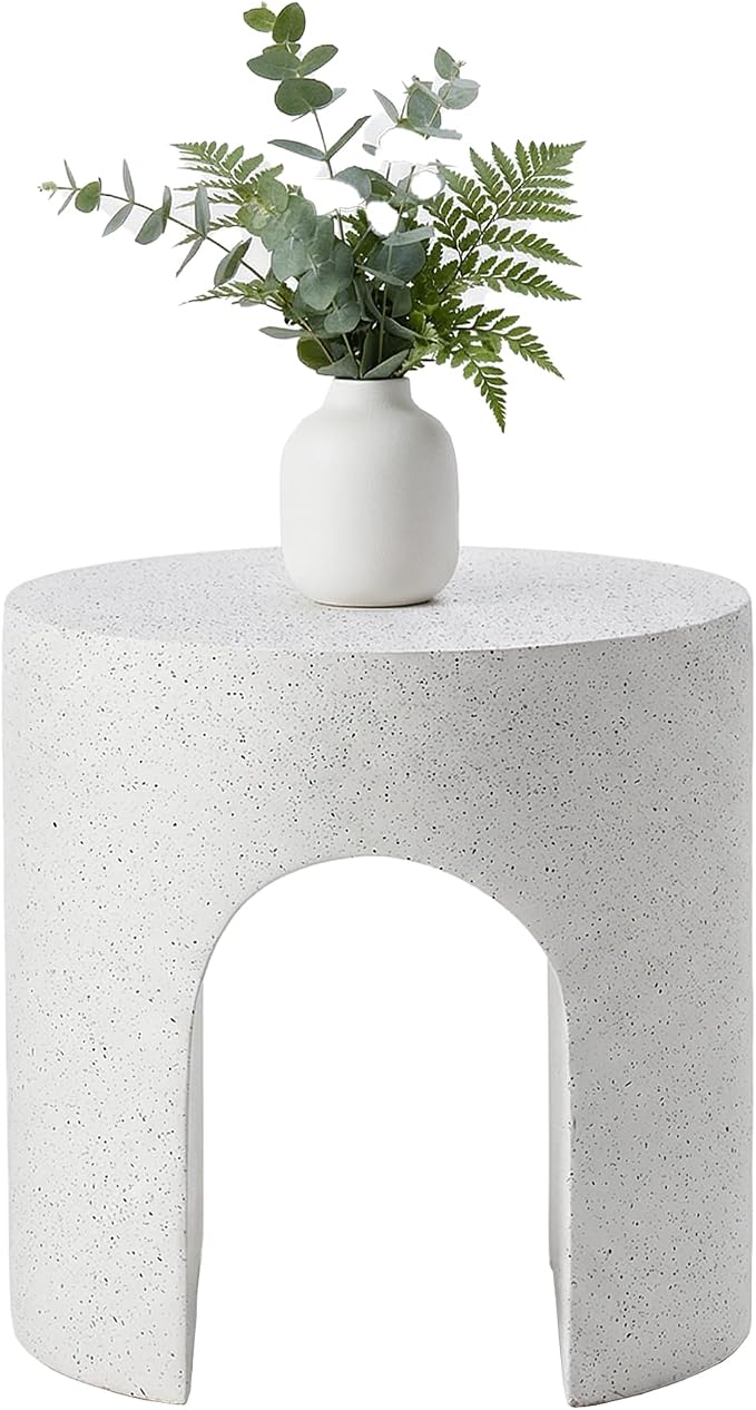 HOMPUS Outdoor Side Table, Concrete End Table w Arch Design, Round Patio MgO Coffee Lightweight Table, Modern Accent Stone Garden Stool for Indoor Outdoor Use, Spotted White