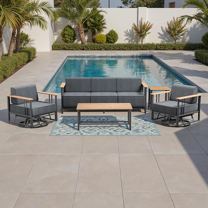 Luxury Outdoor Furniture Set with Swivel Chairs, 5 PCS Patio Furniture Set with 6" Extra Thick Cushions, Suitable for Porch, Balcony, Deck, Patio, Yard, Poolside, Black/Grey