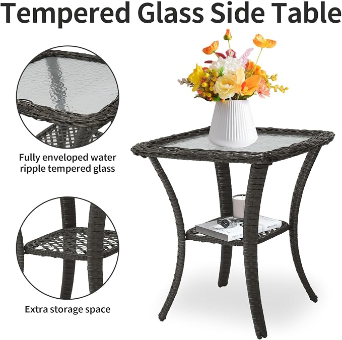 3 Piece Outdoor Swivel Rocker Patio Chairs, All-Weather Rattan Chair, Wicker Glider Patio Furniture Set with Side Table, for Garden, Backyard, Deck, Gray Rattan & Gray Cushions