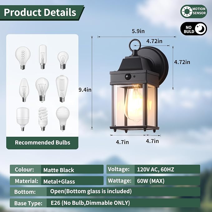 Motion Sensor Dawn to Dusk Sensor Outdoor Wall Light Fixtures Waterproof Porch Lights Outdoor Anti-Rust Black Exterior Lighting Fixtures for House Front Door -2 Pack