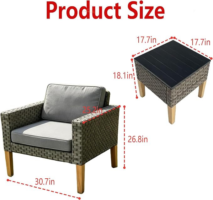 DECMICO 3 Piece Rattan Conversation Bistro Set, Outdoor Wicker Patio Furniture Set, All-Weather PE Rattan Chairs with Cushions for Backyard, Balcony, Garden, Dark Gray