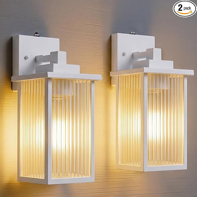 2-Pack 13" White Dusk to Dawn Wall-Mounted Exterior Light Fixtures | Auto On and Off, Anti-Rust Metal Frame, Tempered Glass, E26 Socket, Easy DIY Install on Porch, Garage