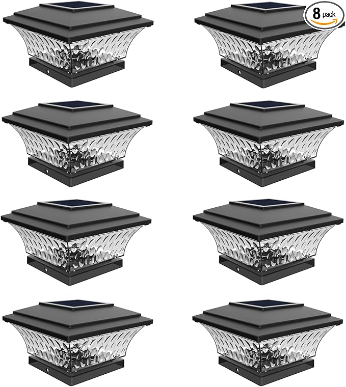 HUYIENO Solar Post Cap Lights Outdoor LED Lighting Deck Fence Cap Light Two Light Modes Warm White/Bright White Suitable for 4x4 Wooden Posts (Black, 8pk)
