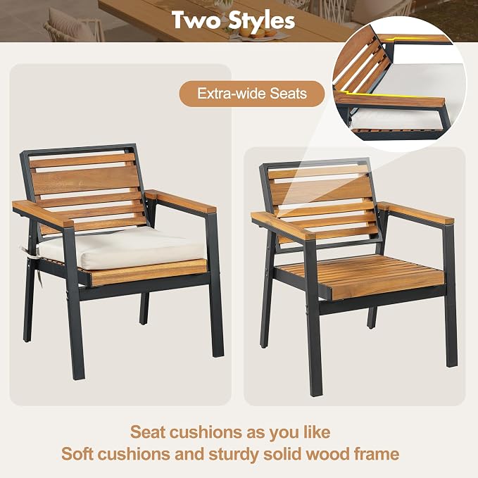 7 Pieces Metal Patio Dining Table Set with Acacia Wood, 74.8"L Dinner Table, 6 Chairs with Dual Layer Iron and Detachable Cushions, Outdoor or Indoor Furniture for Garden or Backyard, Black Beige