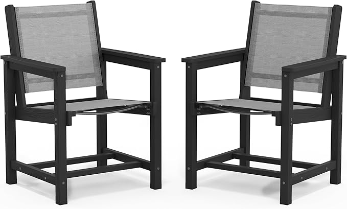 SERWALL Outdoor Dining Chairs Set of 2, Black | All-Weather HDPE and Patio Textilene Chairs Suitable for Outdoor Dining Table