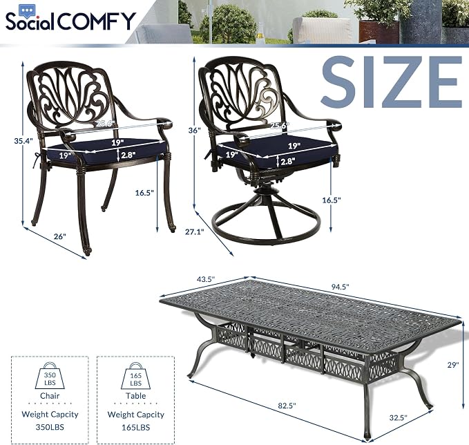 9-Piece Patio Cast Aluminum Dining Set, Outdoor Dining Furniture Set for 8, Includes 94.5" Rectangular Dining Table, 6 Stationary, 2 Swivel Dining Chairs with Umbrella Hole, Navy Blue