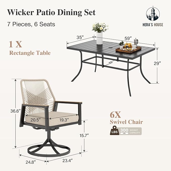 HERA'S HOUSE 7pc Patio Dining Set, 59" Metal Table & Swivel Rattan Chairs | Rectangular table with umbrella hole, cushioned chairs. Waterproof, rust-resistant, all-weather for backyard, porch.